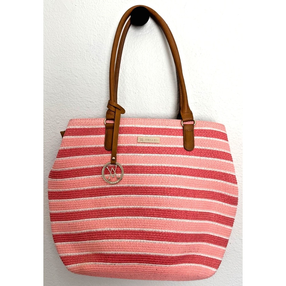 Amiani Pink Beach Bag Tote Zipper Closure Stripped Handbag Gold Shimmer